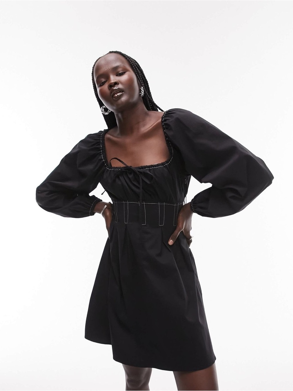 Topshop Black Puff-Sleeve Square Neck Mini Dress